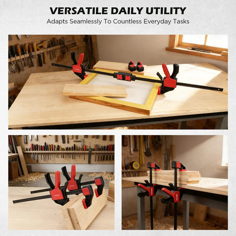 Three-Piece 12-Inch Bar Clamps Set With Quick Release Clamp Connector And Spreader One-Handed Trigger Clamps Up To 150 Lbs Ideal Woodworking DIY Projects For Fast Tightening And Clean Joints in workshop setting.