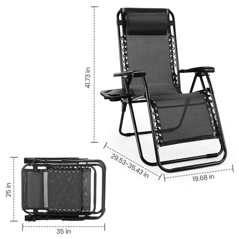 Zero Gravity Chairs Set Of 2 Portable Recliner Lounge Chairs unfolded and folded with dimensions, black outdoor design