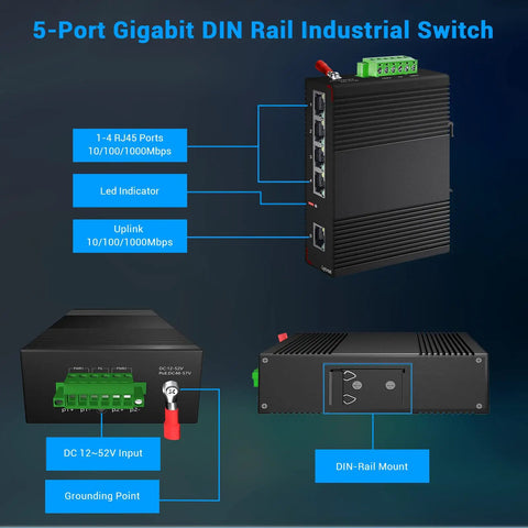 5-Port Gigabit Din Rail Industrial Switch with RJ45 ports, LED indicator, and DC input for heavy duty applications.