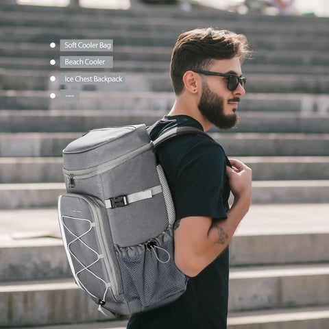 Man carrying Insulated Cooler Backpack With Leakproof Liner, Soft Lunch Ice Bag for 16 Hours, urban background