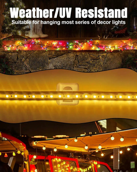 Outdoor String Light Clips 25 Pack Large Square Clear Heavy Duty Light Hooks With Waterproof Adhesive Strips in use with rope lights