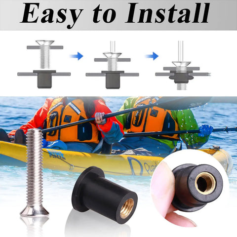 Beefy Neoprene Well Nuts Kit With Stainless Steel Screws M4 M5 M6, installation process and kayak use illustration
