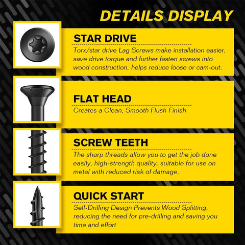 Details display of 10 By 3 Inch Black Star Drive Wood Screws Set Self Tapping Deck Screws 110 Pieces With Free T25 Bit