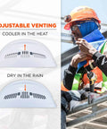 Worker wearing Vented Hard Hat With LED Light Cap Style Safety Helmet Ratchet Suspension Class C, showing adjustable venting feature.