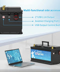 12.8V 100Ah LiFePO4 Battery with 100A BMS for trolling motor, boat, RV and solar, featuring USB outputs and laptop charging