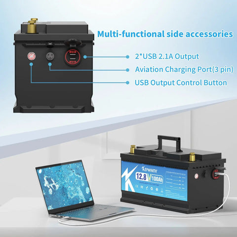 12.8V 100Ah LiFePO4 Battery with 100A BMS for trolling motor, boat, RV and solar, featuring USB outputs and laptop charging