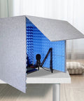 Kick Echo Down And Grab Crisp Audio Now With This Foldable Mic Shield That Doubles As A Portable Soundproof Booth Cube For Desk Podcast Recording, gray and blue design.