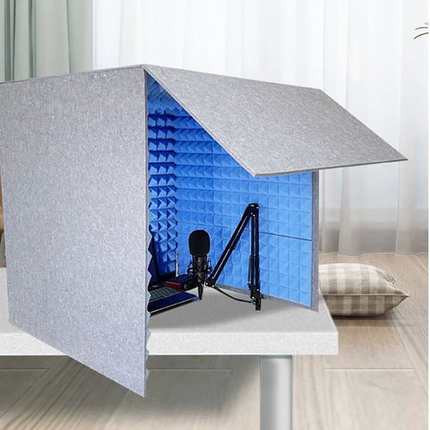 Foldable Microphone Isolation Shield For Desk Compact Acoustic Foam Sound Booth Cube with blue foam interior and mic setup