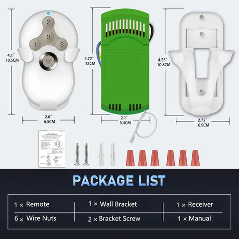 Plug And Play Ceiling Fan Remote Kit With Light Dimmer And 3 Speeds Universal Compatibility For Most Brands Easy Wireless Upgrade No Wiring Needed Replaces 99770 99813 99815 99384 99772 99122 99123 99600 product and packaging contents, including remote, wall bracket, receiver, and accessories.
