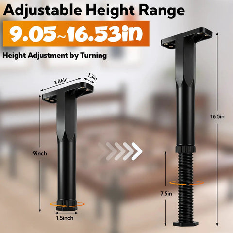 Ditch The Wobble With These 8 Adjustable Bed Support Legs featuring adjustable height range of 9 to 16.53 inches in black.