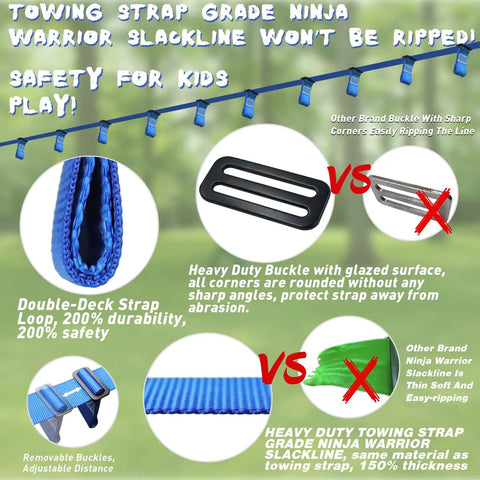 Ninja Warrior Obstacle Course slackline with buckles and strap comparison, showing durable safe training equipment features.