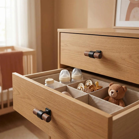Professional Grade Black T Bar Cabinet Knobs Rustic Single Hole Zinc Alloy Drawer Pulls Solid Grip Furniture Handle Set Smooth Operation Dresser Home Refresh Essentials with open drawer showing baby items.