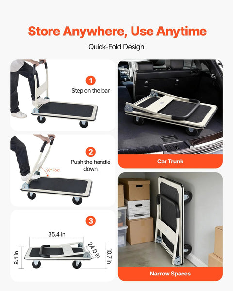 Foldable Push Cart Dolly With 660 Pound Capacity And Swivel Wheels shown in folded position for storage