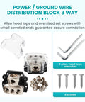 Beefy 3 Way Zinc Alloy Power And Ground Distribution Block For Car Audio, 0/2/4 Gauge In, 4/8 Gauge Out, Dual Pack Amplifier Wiring Splitter, Heavy Duty Ground Or Power Block For Auto Stereo with screws and Allen keys