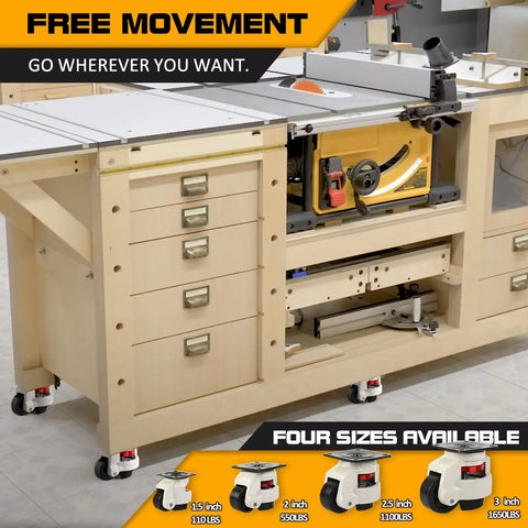 Heavy Duty Adjustable Leveling Feet Casters With Vibration Dampening Rubber Pads For Shop Equipment visible on industrial workbench.