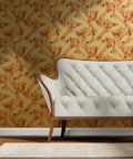 Peach Heron Spring Gold Metallic Wallpaper With Hella Glam Fibrous Texture For Top Shelf Indoor Vibes Professional Paste The Wall Eco Friendly Type I Wall Covering Made In Usa Class A Fire Rated Solid Build featuring a white tufted couch.