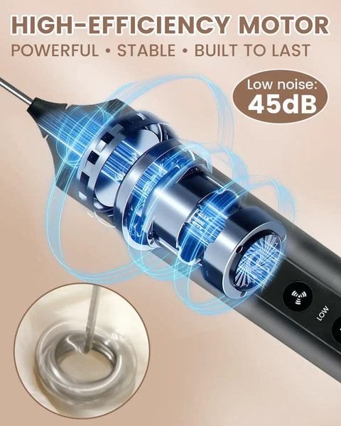 Electric Handheld Milk Frother Wand With Stand, 3 Speed Controls For Creamy Foam In Under 10 Seconds, Black motor detail