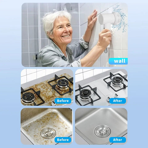 Woman using Cordless Electric Spin Scrubber With 1500mAh Battery to clean bathroom tile, with kitchen cleaning results displayed.
