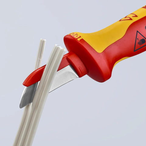 1,000V Insulated Cable Knife With Solid Fixed Blade cutting cable, red handle, plastic coated back to prevent short circuits, slip guard handle.
