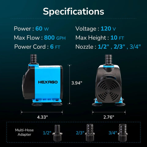 Ultra Quiet 800 GPH Submersible Water Pump with Adjustable Flow Easy Install 10 Ft Lift 6 Ft Power Cord 3 Nozzles