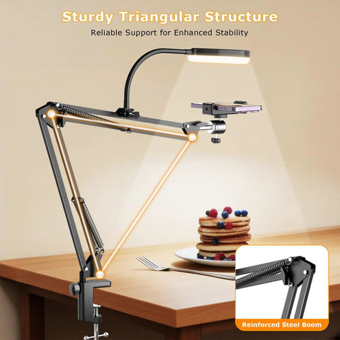 Side view of an Overhead USB Ring Light Camera Mount With Flexible Arm Stand and Triangular Structure next to a stack of pancakes.