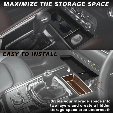 Mazda CX5 Center Console Front Organizer Tray Storage Coin Holder Gear Shifter Inserts Armrest Box For 2022 2023 2024 2025 shown installed in vehicle interior.