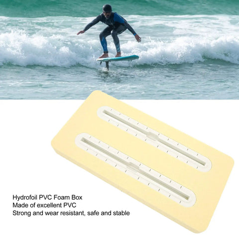 Lightweight Foam Box For Hydrofoil Gear, Stable Track Mount Box displayed with surfer in background on the water
