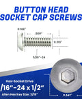 Hardcore Button Head Socket Cap Screws 10 Pack 5/16-24 x 1/2 Inch 18-8 Stainless Steel Machine Bolts shown with measurements.