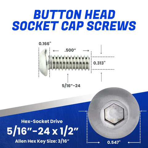 Hardcore Button Head Socket Cap Screws 10 Pack 5/16-24 x 1/2 Inch 18-8 Stainless Steel Machine Bolts shown with measurements.