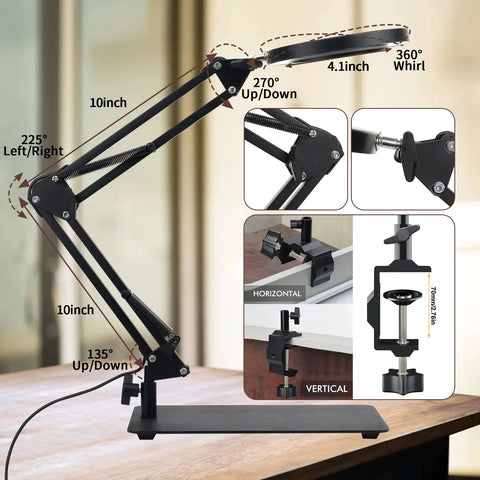 5X Magnifying Glass With Light And Stand 2 In 1 Stepless Dimmable LED Magnifier Lamp showing adjustable arm and clamp details