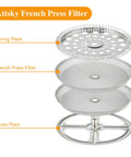 Exploded view of 8-piece stainless French press replacement set: spring plate, six 4in screens, cross plate 34oz presses