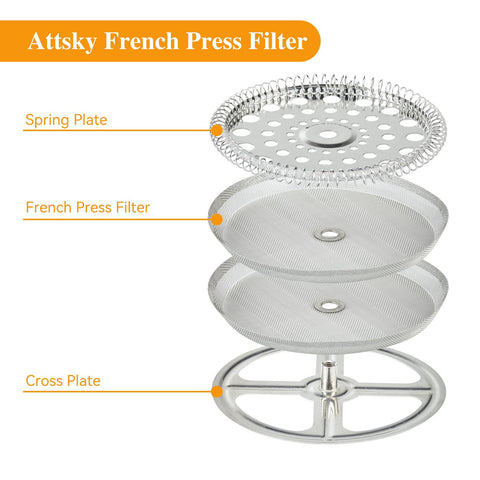 Exploded view of 8-piece stainless French press replacement set: spring plate, six 4in screens, cross plate 34oz presses