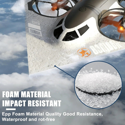 Triple Threat RC Drone For Land Sea And Air With 360 Flip And Three Driving Modes Collision Protection Foam Toy For Boys And Girls Remote Control Bomber Plane With Lit Lights Silver in flight above clouds, highlighting impact-resistant foam material.