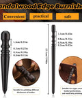 Sandalwood edge burnisher dimensions and usage for leather polishing, shown in two sizes with close-up view.