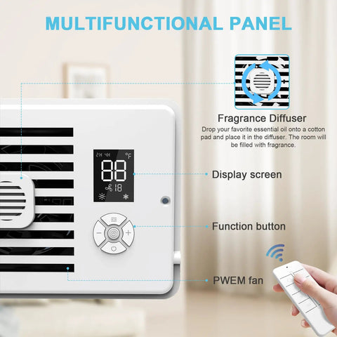 Register Booster Fan For 4x10 Vents, 10 Speeds, LED Screen Remote, Thermostat Control showing display screen and function button