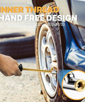 12 Inch Extended Reach Dual Head Heavy Duty Air Chuck With One Quarter Inch FNPT Connection Straight Foot Lock On Tire Inflator Chuck Quick Plug Kit shown inflating tire of a parked vehicle.