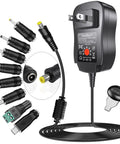 Universal 24W Power Adapter With 8 Selectable Plugs For LED Strips Cameras Keyboards Speakers Scales Recorders And Massagers Regulated Switching Supply 2A Output Supports 12V 9V 7.5V 6V 5V 4.5V 3V 100 To 240 Volt Input.