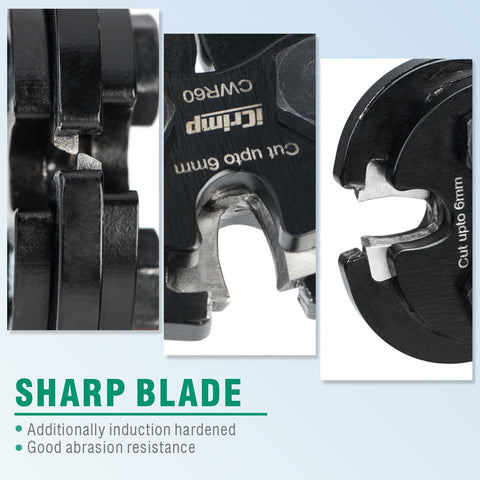 Close-up details of 6mm Ratchet Wire Rope Cutter with 68 HRC Hardened Blade showcasing sharp cutting edges.