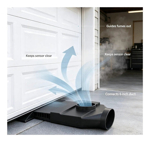 Straight Flow Under Garage Door Vent With Heavy Duty 6 Inch Duct Adapter For No Fuss Workshop Fume Exhaust And Quick Fit Sensor Safe Airflow Ventilation, showing fume guidance and 6-inch duct connection.
