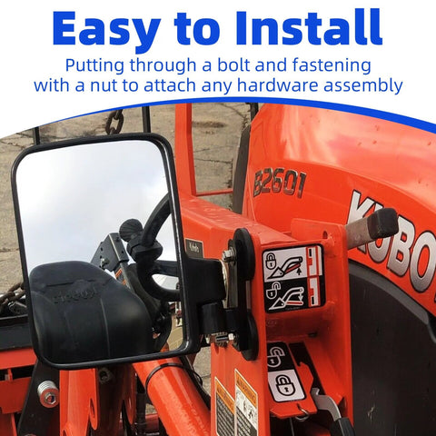 Side view of orange Kubota B2601 tractor with a black side mirror mounted on a metal arm.