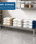 Must Have Heavy Duty Chrome Wire Storage Stand 14 By 54 By 14 Inches NSF Commercial Raised Shelving Unit For Foodservice Kitchens Restaurants Pantries Backrooms Organization And Stockroom Sorting in dry storage with flour, rice, and sugar sacks