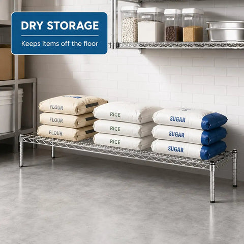 Must Have Heavy Duty Chrome Wire Storage Stand 14 By 54 By 14 Inches NSF Commercial Raised Shelving Unit For Foodservice Kitchens Restaurants Pantries Backrooms Organization And Stockroom Sorting in dry storage with flour, rice, and sugar sacks