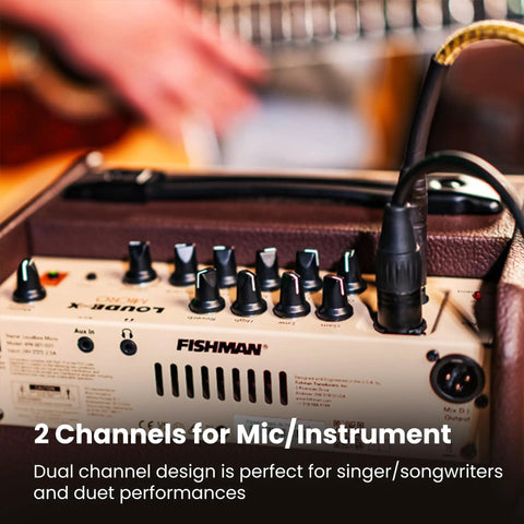Close-up of controls on Loudbox Micro 40 Watt Acoustic Guitar Combo Amplifier Bundle With Gearlux XLR Cable and instrument input.