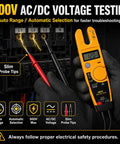 600V Voltage And Current Tester For Electrical Troubleshooting A Fast Reading Tool That Checks AC Voltage Current And Continuity In A Compact Handheld Meter Perfect For Electricians And DIY Pros. orange handheld meter with slim probe tips testing AC/DC voltage on electrical terminals