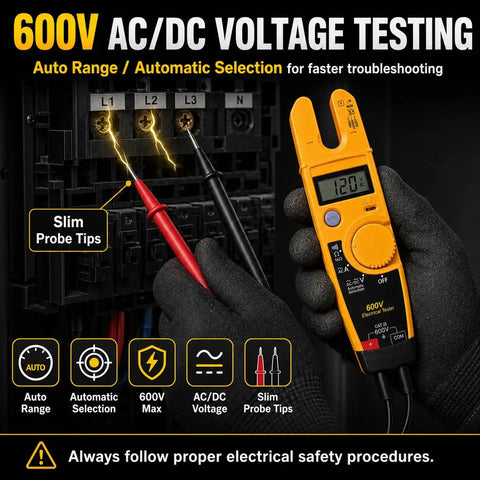 600V Voltage And Current Tester For Electrical Troubleshooting A Fast Reading Tool That Checks AC Voltage Current And Continuity In A Compact Handheld Meter Perfect For Electricians And DIY Pros. orange handheld meter with slim probe tips testing AC/DC voltage on electrical terminals