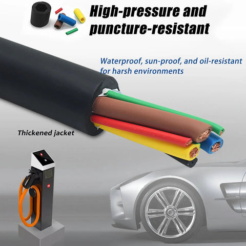 Beefy EV Charging Cable, Heavy Duty TPE Extension Cord For Electric Vehicles, showing thickened jacket and multi-colored wires.