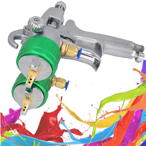 Plug And Play Dual Nozzle Pneumatic Paint Sprayer Featuring 1.3mm Stainless Steel Tip And 1000ml Cup for industrial coatings.