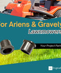 Pro Grade 2Pcs Flanged Bushings Compatible With Ariens Gravely Lawn Mower And Snowblower Tough Repair Oem Replacement 5500007 displayed on a green background with lawnmower.