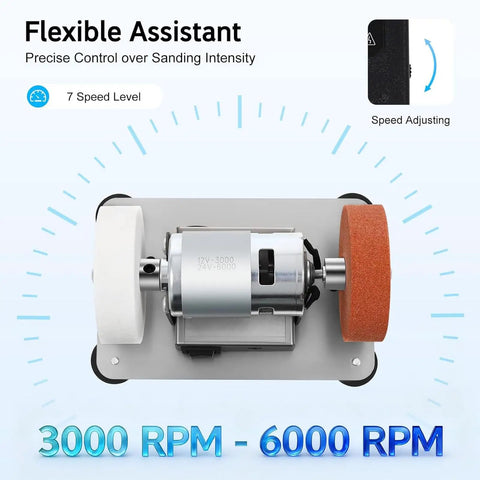 Mini Bench Grinder With Adjustable Speed Table. Electric Sanding Machine And Polisher Buffer, showing dual grinding wheels and variable speed control.