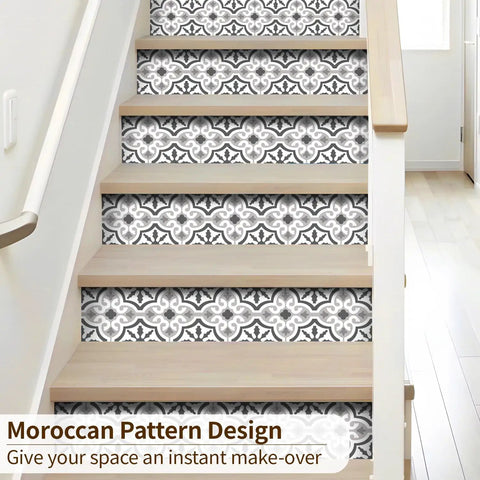 14 Strips Peel And Stick Stair Risers Self Adhesive Vinyl Stickers Decals For Steps With Moroccan Pattern, Staircase Murals Decor, 39.37 By 7.09 Inches, Easy Peel And Stick Install
